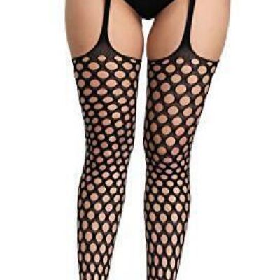 Women's High Waist Fishnet Tights Suspenders Pantyhose One Size Black-6073